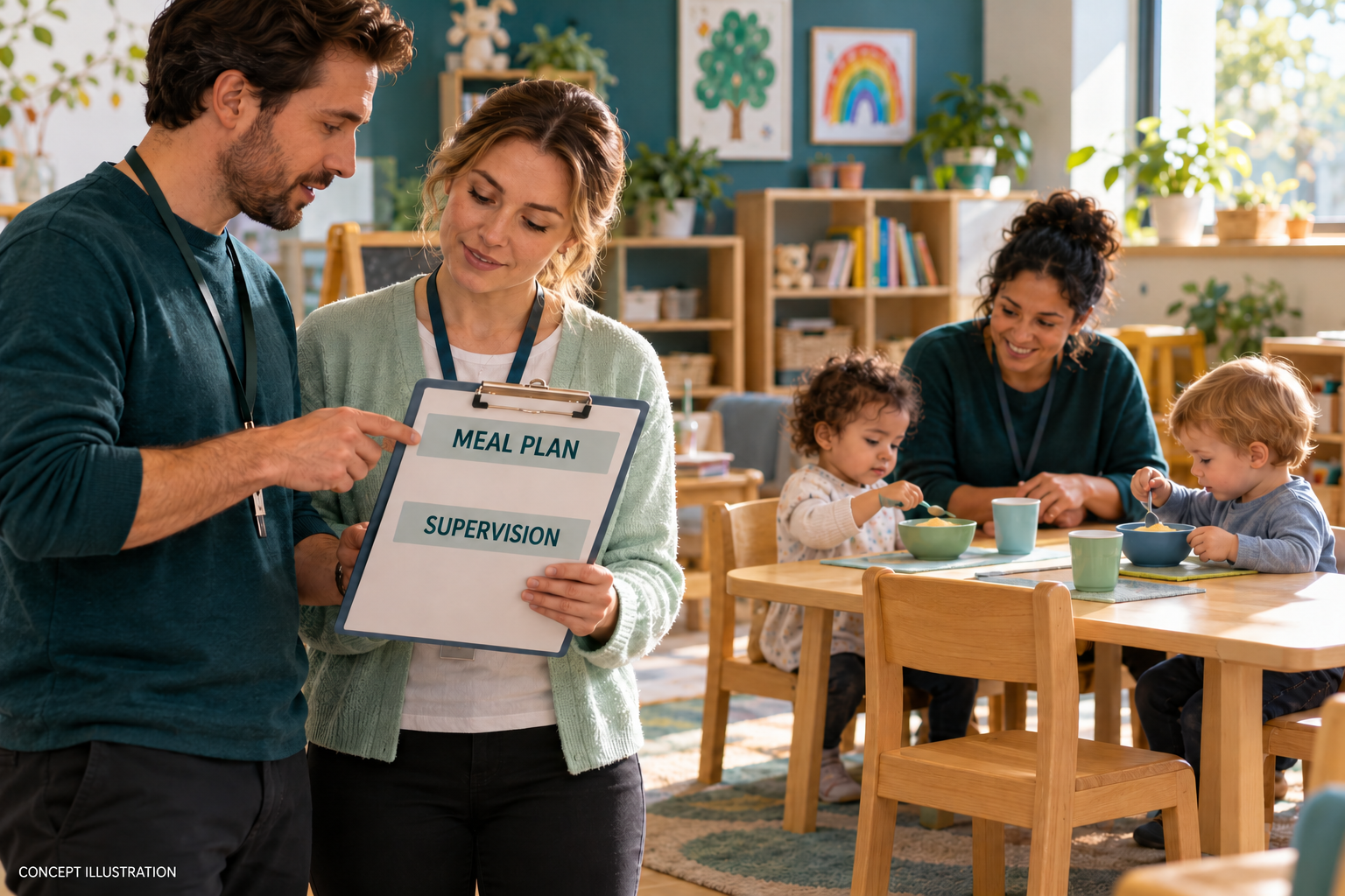 Fictional childcare coworkers review a meal plan while another adult supervises seated toddlers