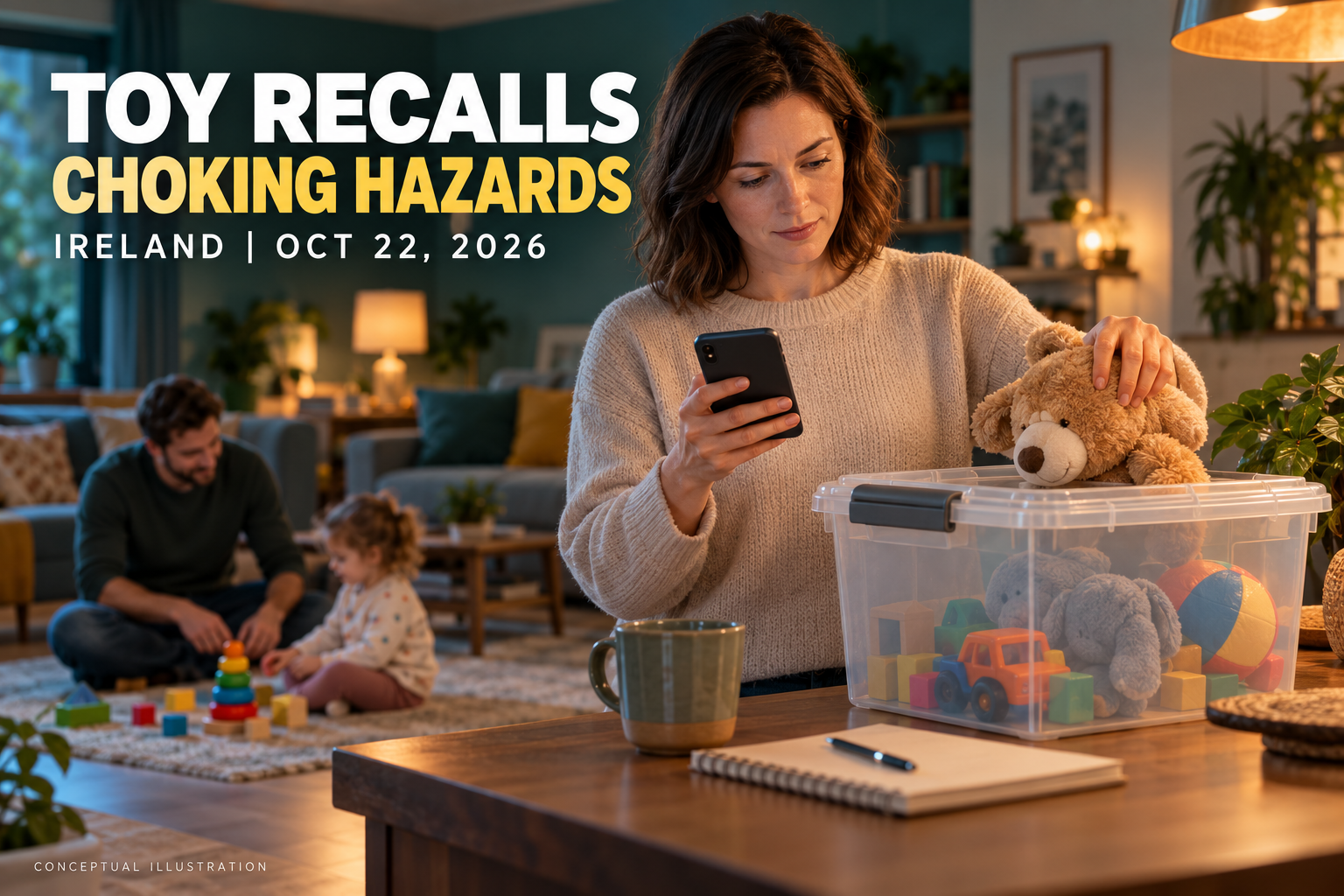 Fictional parent separates toys from play beneath a Toy Recalls Choking Hazards headline