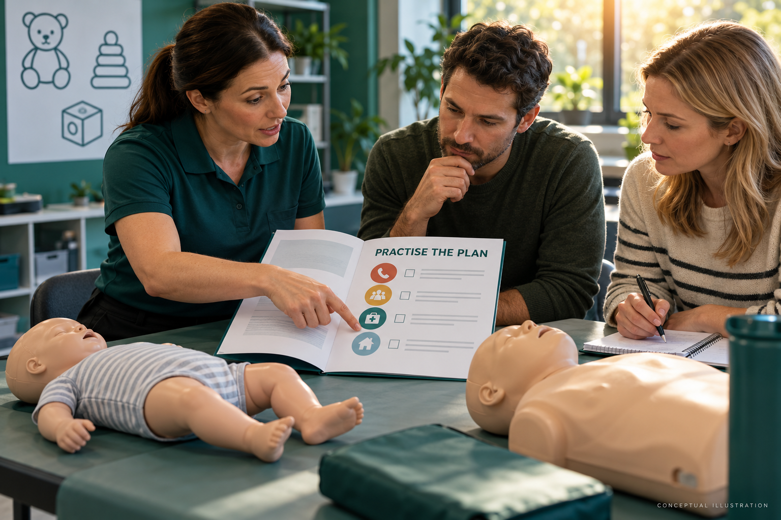 Fictional first-aid instructor and adult caregivers discuss a checklist beside training manikins