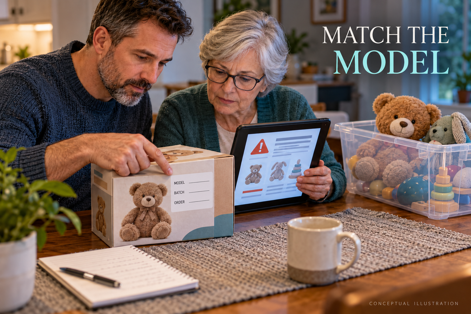 Fictional adult caregivers compare a package checklist with a recall notice on a tablet