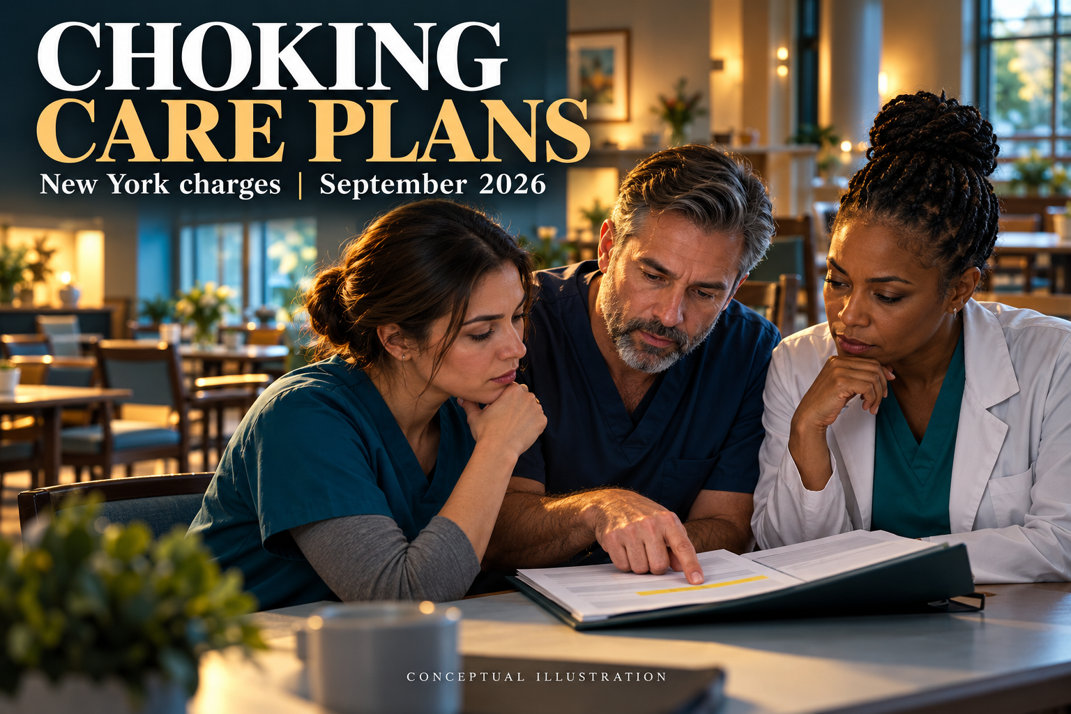Conceptual care-team meeting about written choking care plans, with a headline identifying New York charges in September 2026