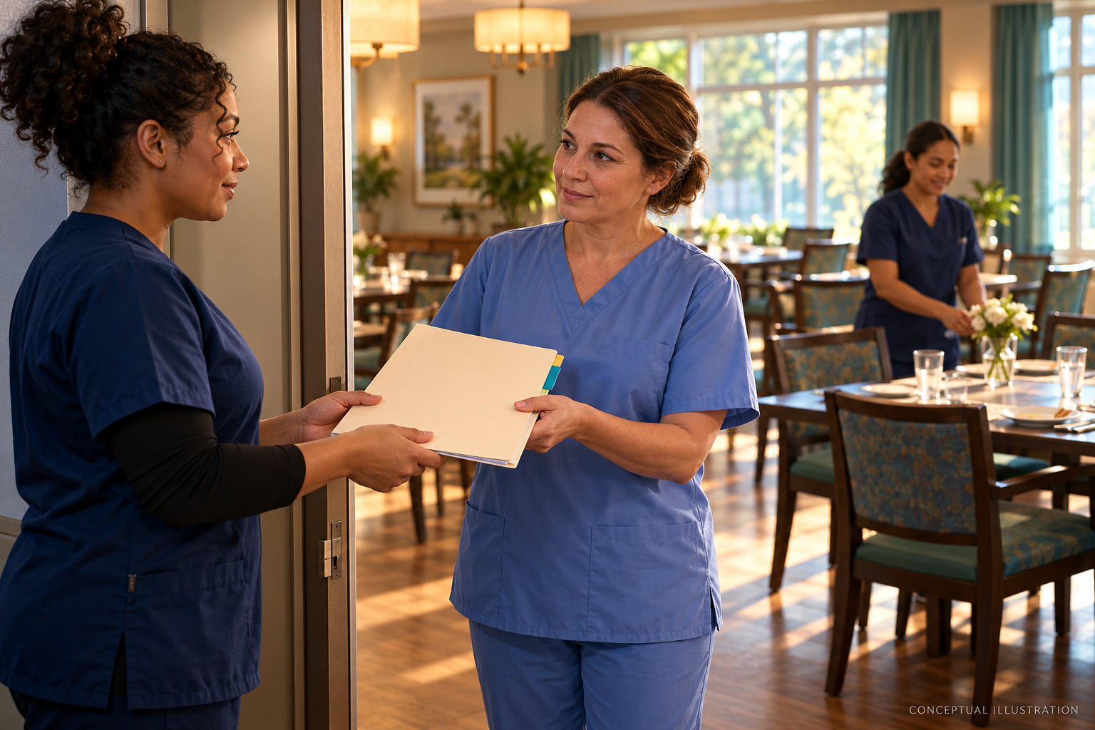 Two fictional care workers exchanging a written folder beside an empty dining room