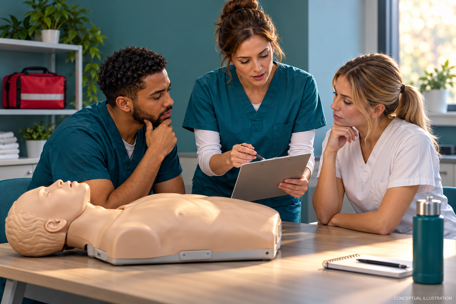 Fictional care staff reviewing a checklist beside an unused adult training manikin