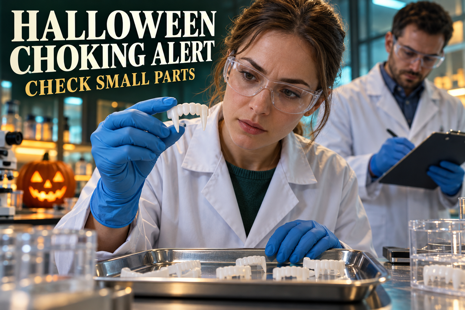 Conceptual laboratory scene with scientists inspecting a Halloween tooth accessory and the headline Halloween Choking Alert