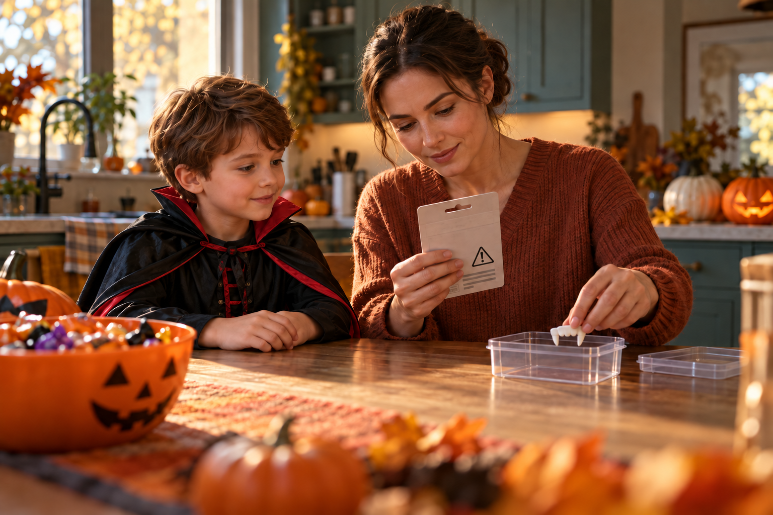 Parent and school-age child checking generic Halloween packaging while keeping a plastic tooth accessory separate from sweets
