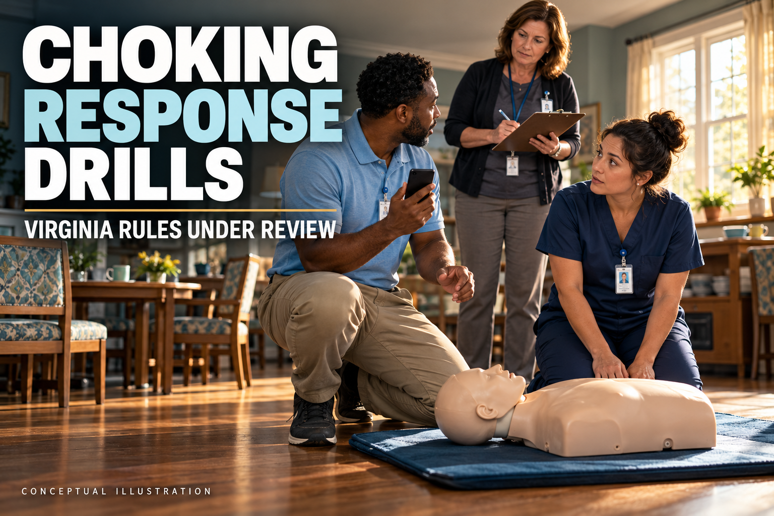 Conceptual staff rehearsal beside an adult training manikin with the headline Choking Response Drills and Virginia Rules Under Review