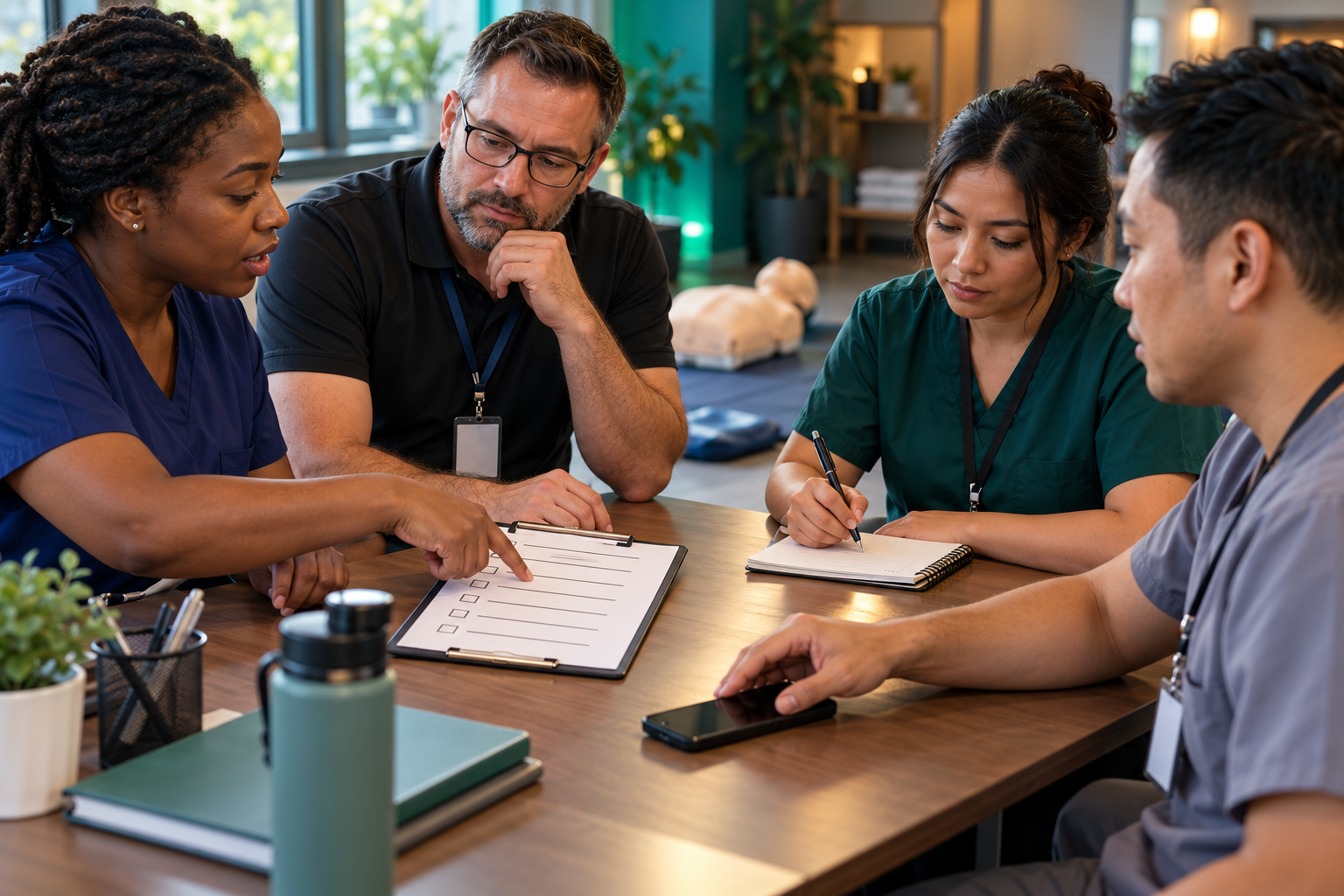 Four adult care workers reviewing a rehearsal checklist and assigning follow-up actions after a fictional medical drill
