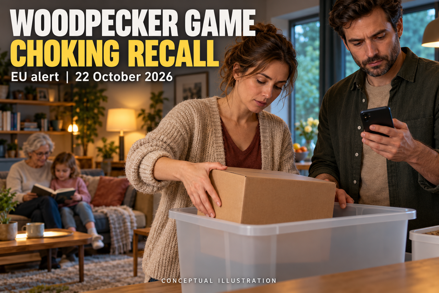 Fictional parents setting aside a closed toy box, with the headline Woodpecker Game Choking Recall and the EU alert date