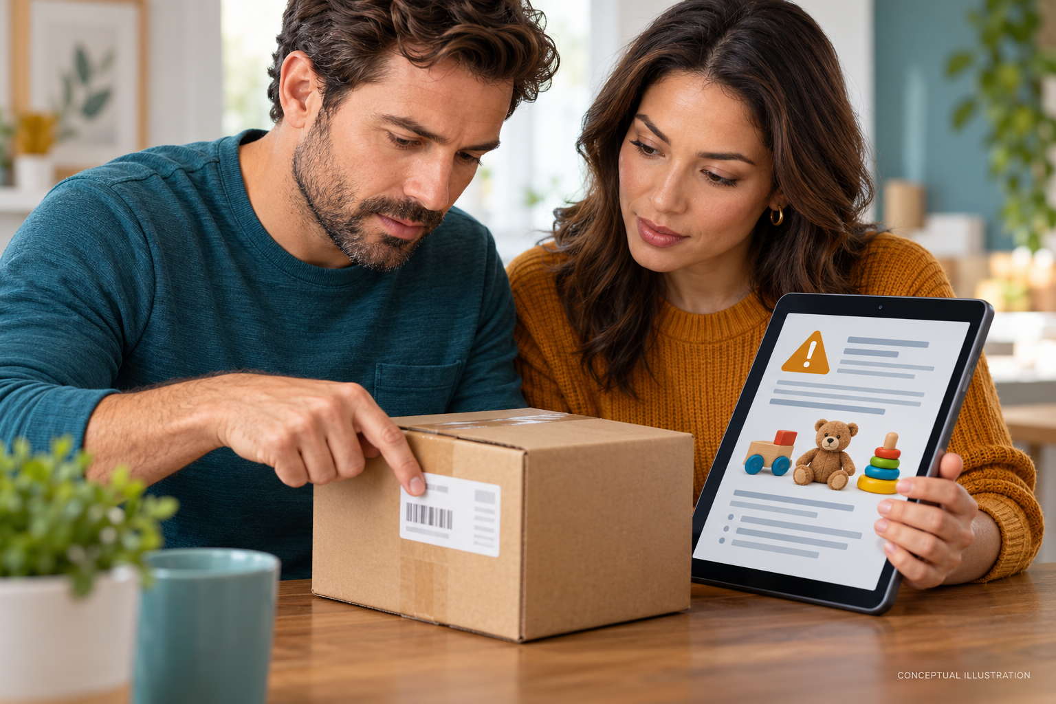Fictional adults comparing an indistinct box label with a safety notice on a tablet