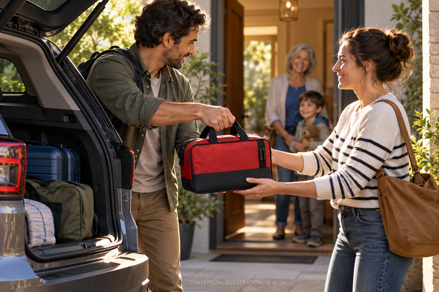 Fictional caregivers bringing a closed emergency bag indoors after a family trip