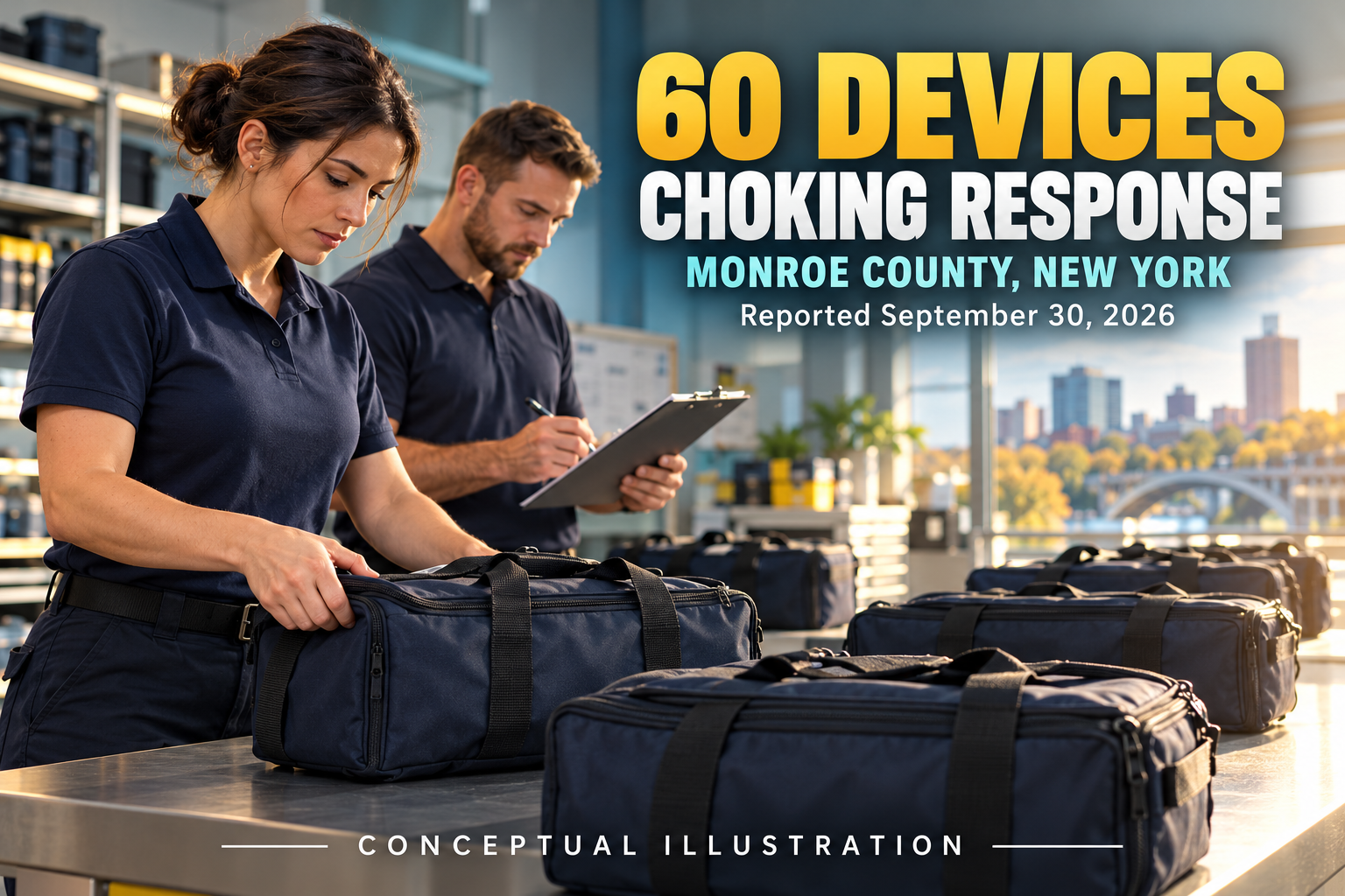 Fictional emergency-response staff preparing closed equipment bags, with a headline about Monroe County's announcement of 60 devices for choking response