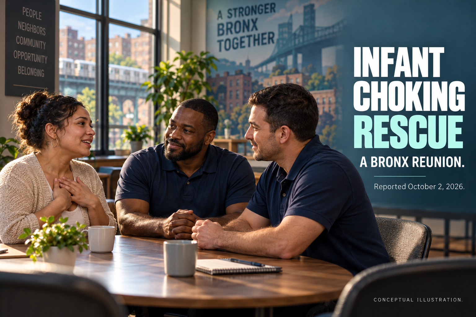 Fictional adult community responders and a caregiver in conversation, with a headline about a Bronx reunion after an infant choking rescue