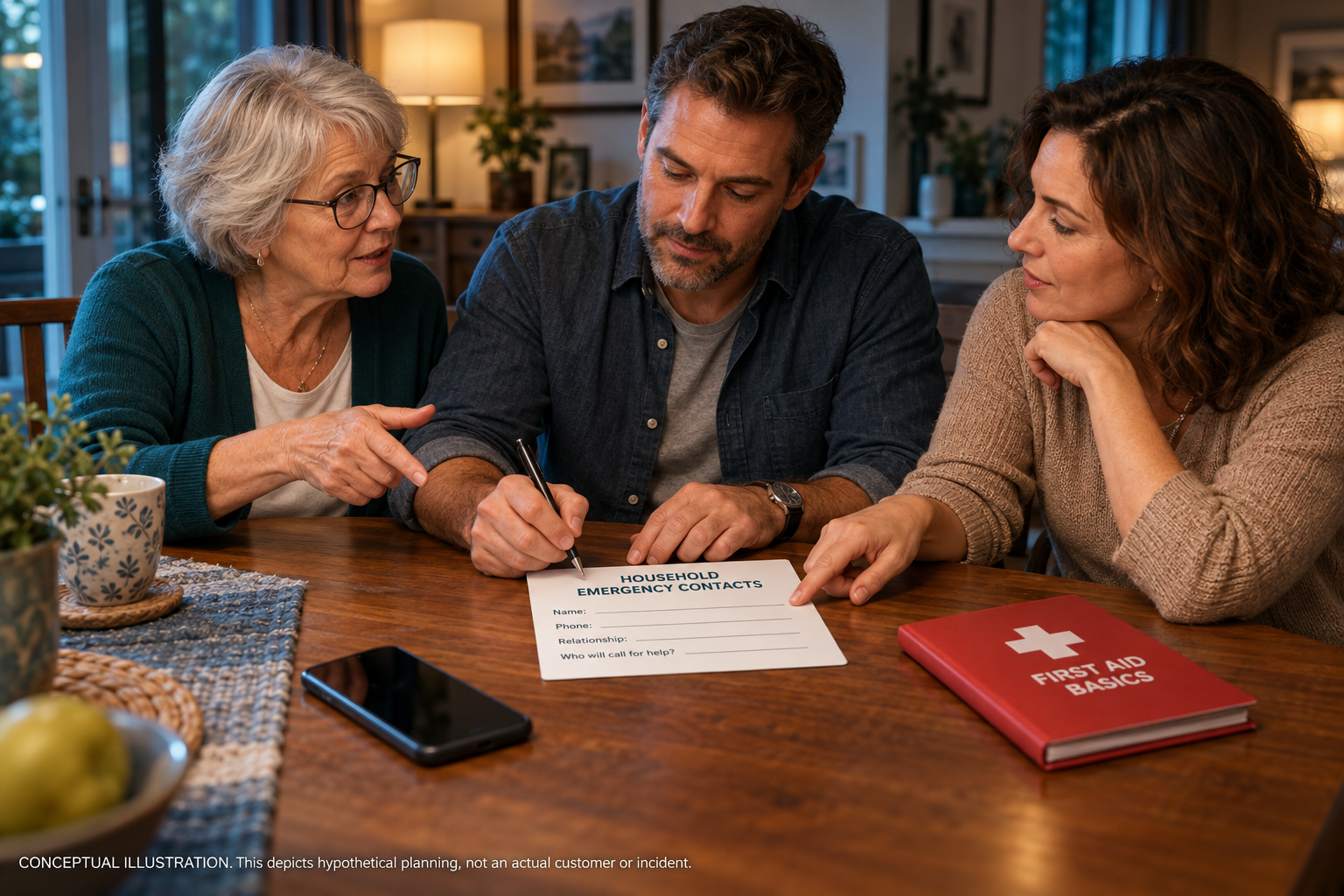 Fictional adult caregivers and a grandparent reviewing a household emergency contact card at home