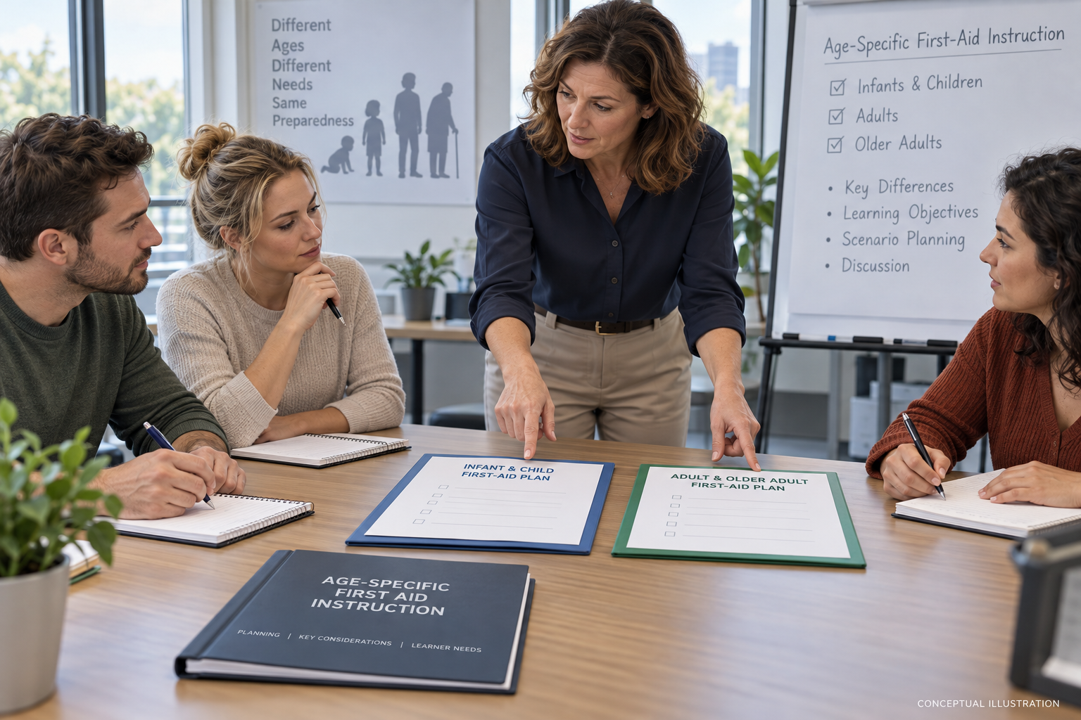 Fictional adult first-aid learners and an instructor reviewing training materials and checklists