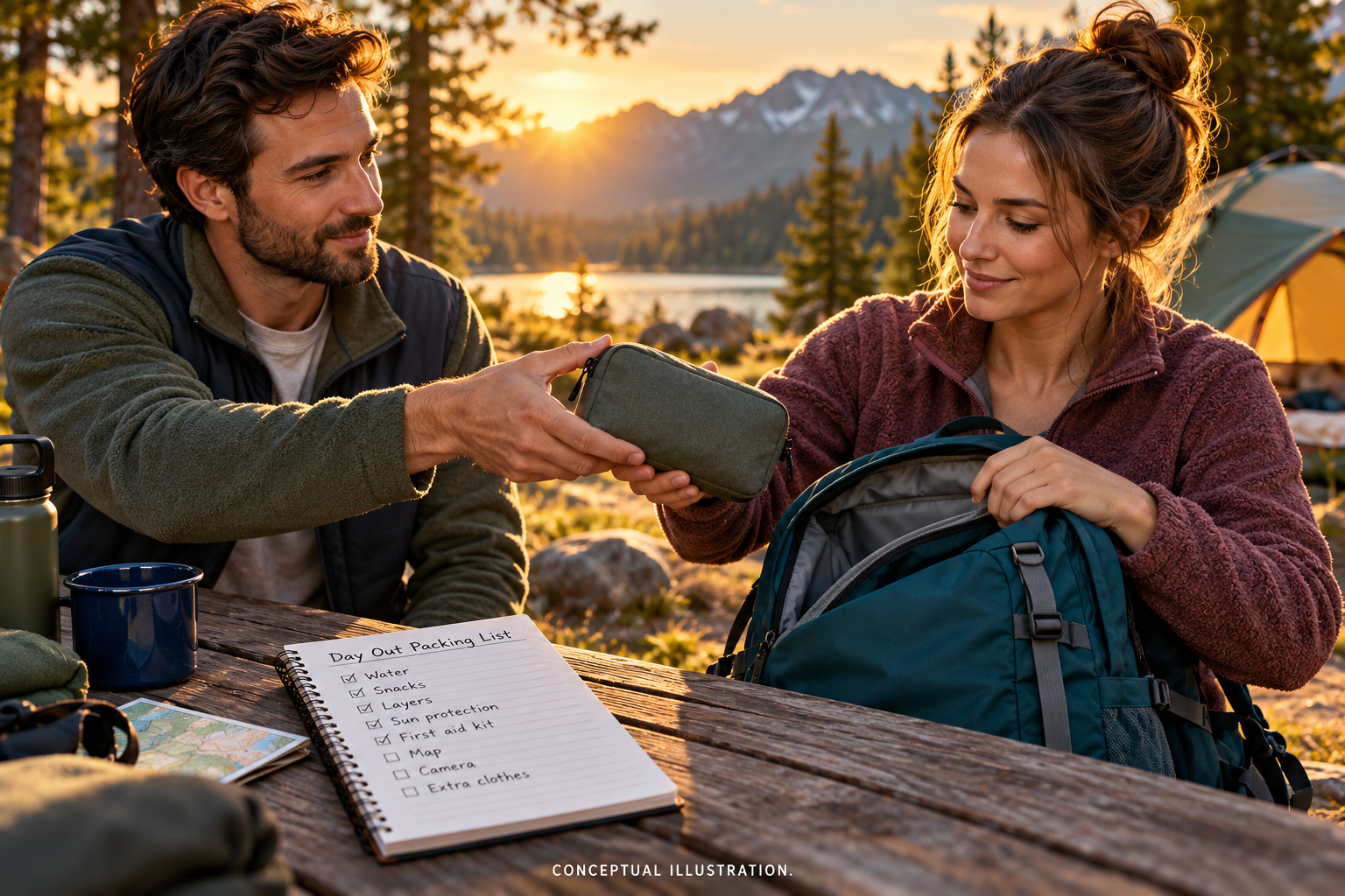 Fictional adult caregivers handing over a plain closed emergency pouch beside a backpack at a campsite