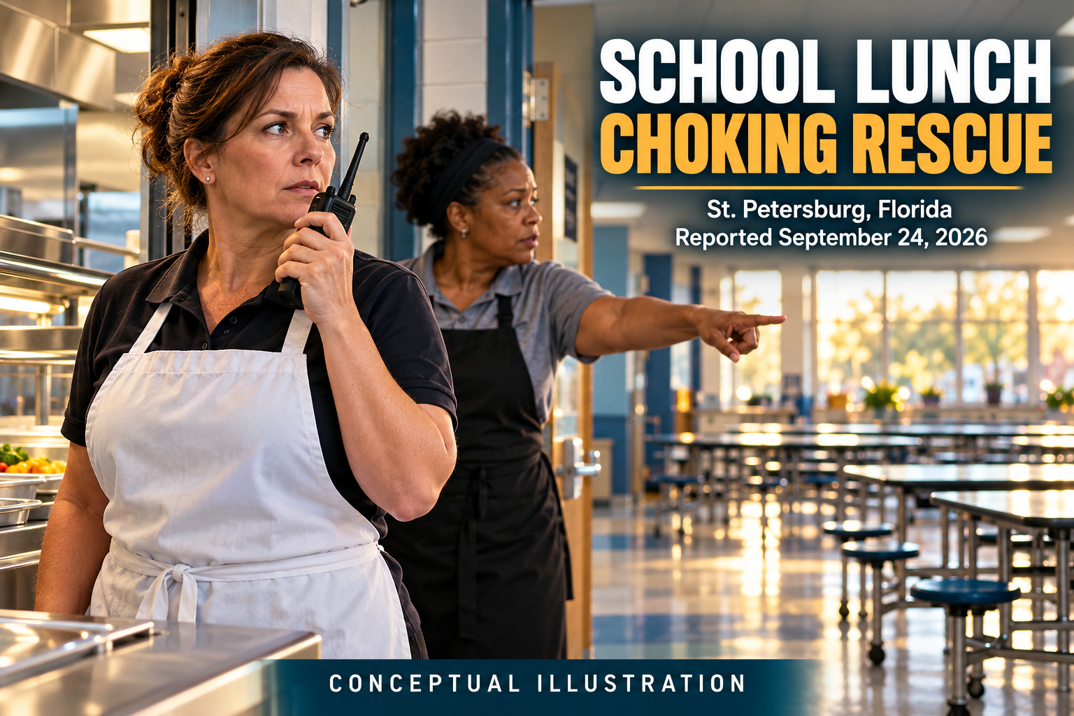 Fictional adult cafeteria staff communicating by radio, with a headline about a school lunch choking rescue in St. Petersburg