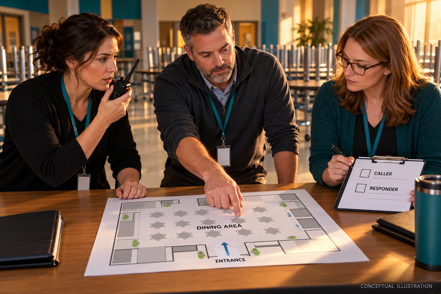 Fictional adult school staff rehearsing caller and responder roles using a dining-room map and handheld radio