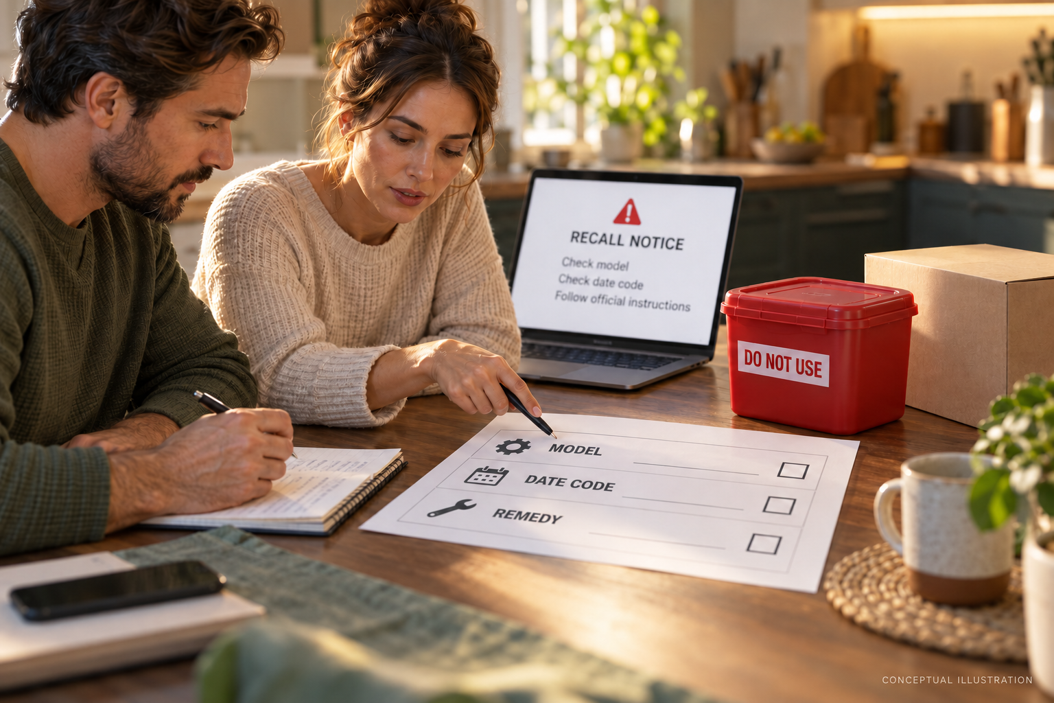 Conceptual illustration of two adults checking model, date-code and remedy notes beside a closed do-not-use container