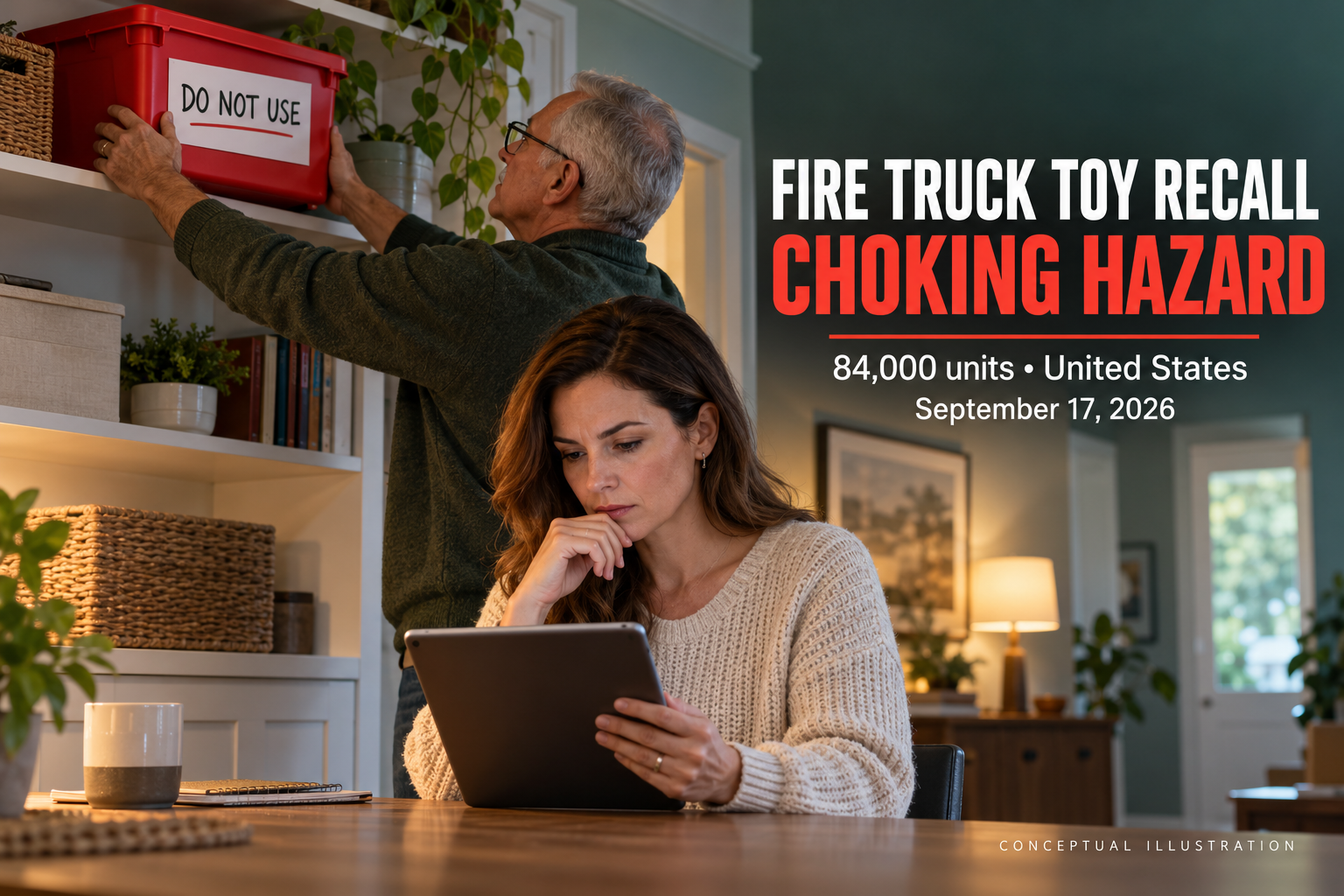 Conceptual illustration of adult caregivers reviewing a recall and storing a closed do-not-use container, with a fire truck toy choking-hazard headline