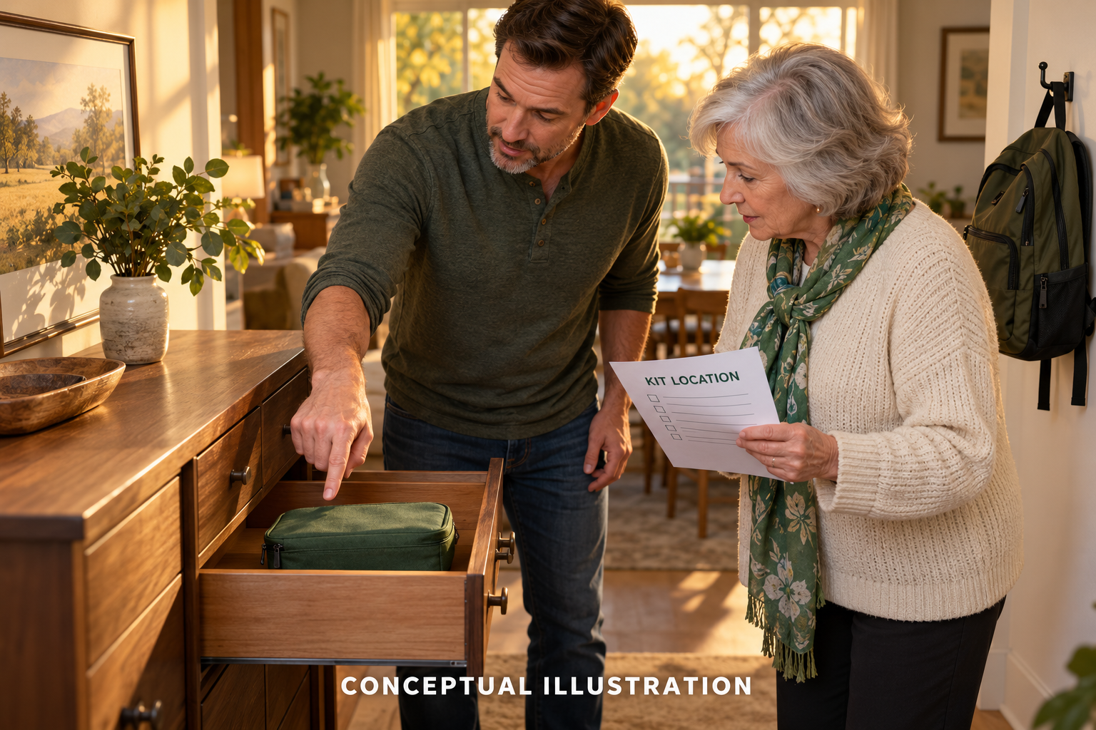 Conceptual illustration of two adult caregivers identifying an unbranded closed pouch in a dining-area drawer