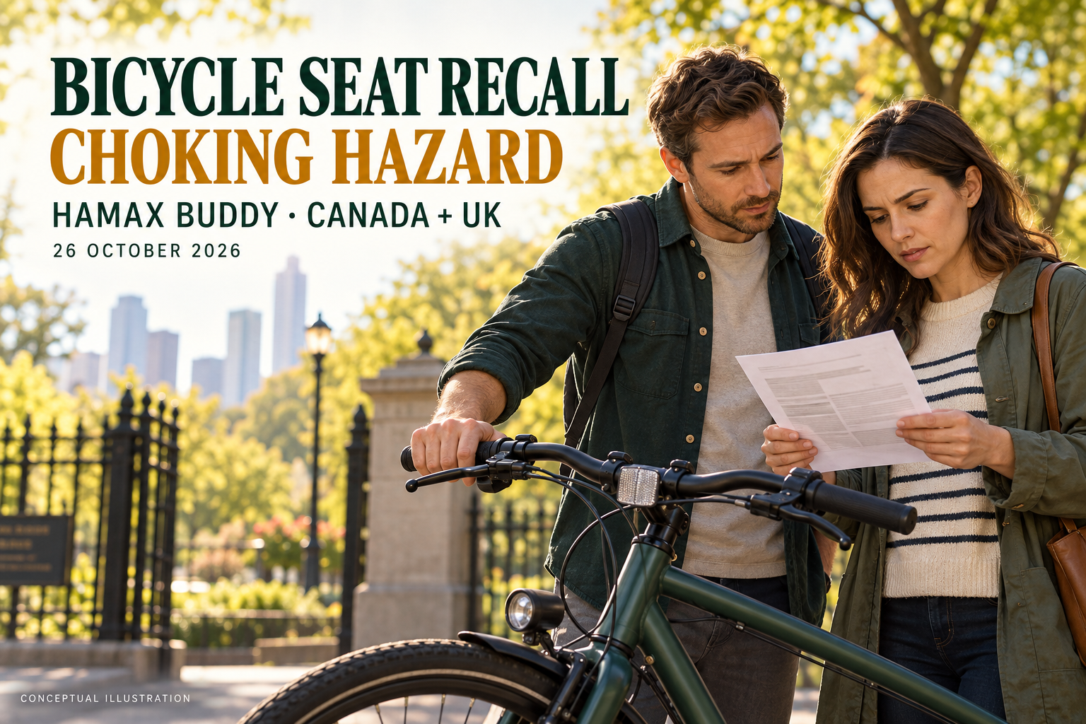 Conceptual 3D illustration of two adults checking a recall notice beside a stationary bicycle, with a Hamax Buddy choking-hazard headline.