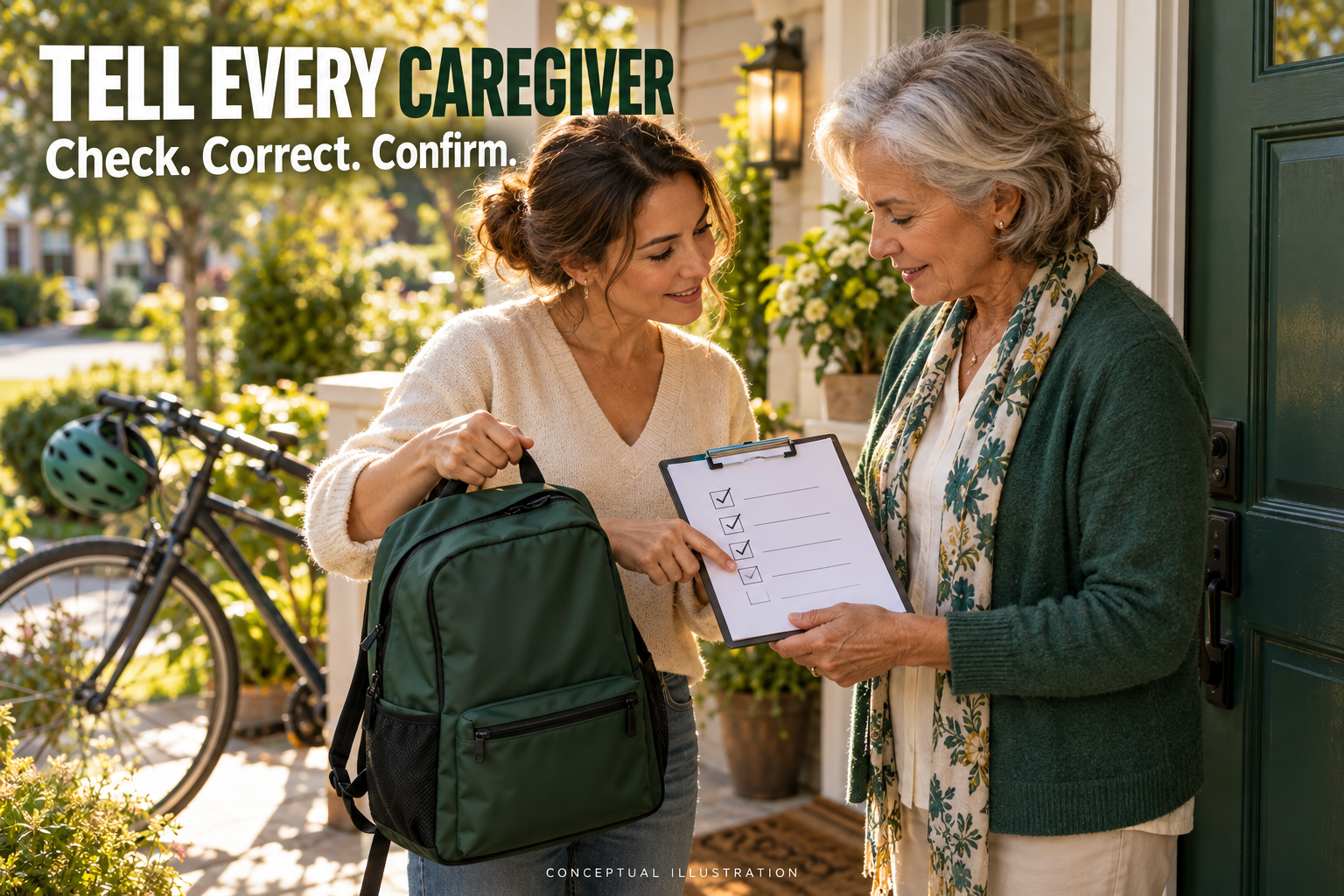 Conceptual 3D illustration of a mother handing an outing backpack to a grandmother while both review a checklist at the front door.