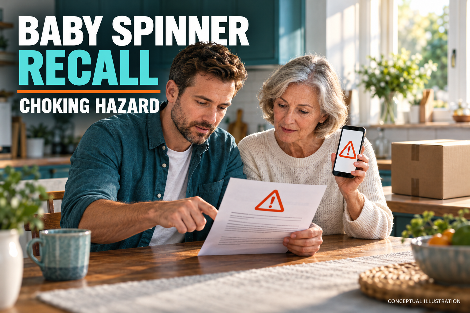 Conceptual 3D illustration of a father and grandmother reviewing a recall notice, beneath a Baby Spinner Recall and Choking Hazard headline.