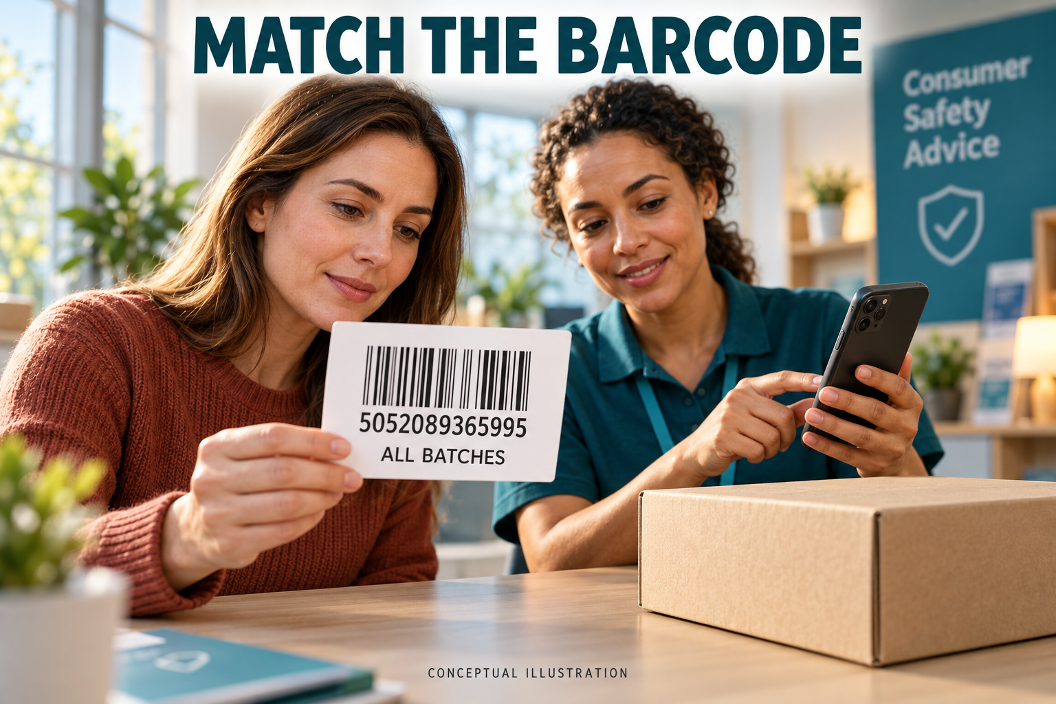 Conceptual 3D illustration of two adults comparing a product identification card showing 5052089365995 and All Batches with a phone.
