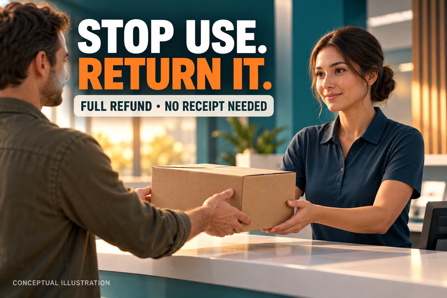 Conceptual 3D illustration of an adult handing a closed return box to a retail staff member, with Stop Use Return It and Full Refund No Receipt Needed text.