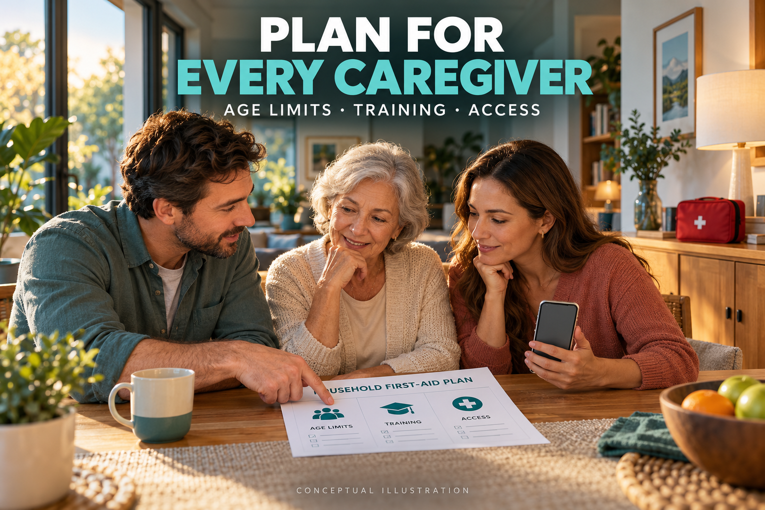 Conceptual 3D illustration of adult family caregivers discussing a household first-aid plan, with Age Limits Training Access text.