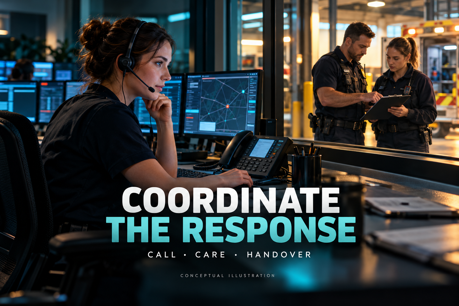 Conceptual 3D illustration of a dispatcher and emergency-service colleagues coordinating information, with Call Care Handover text.