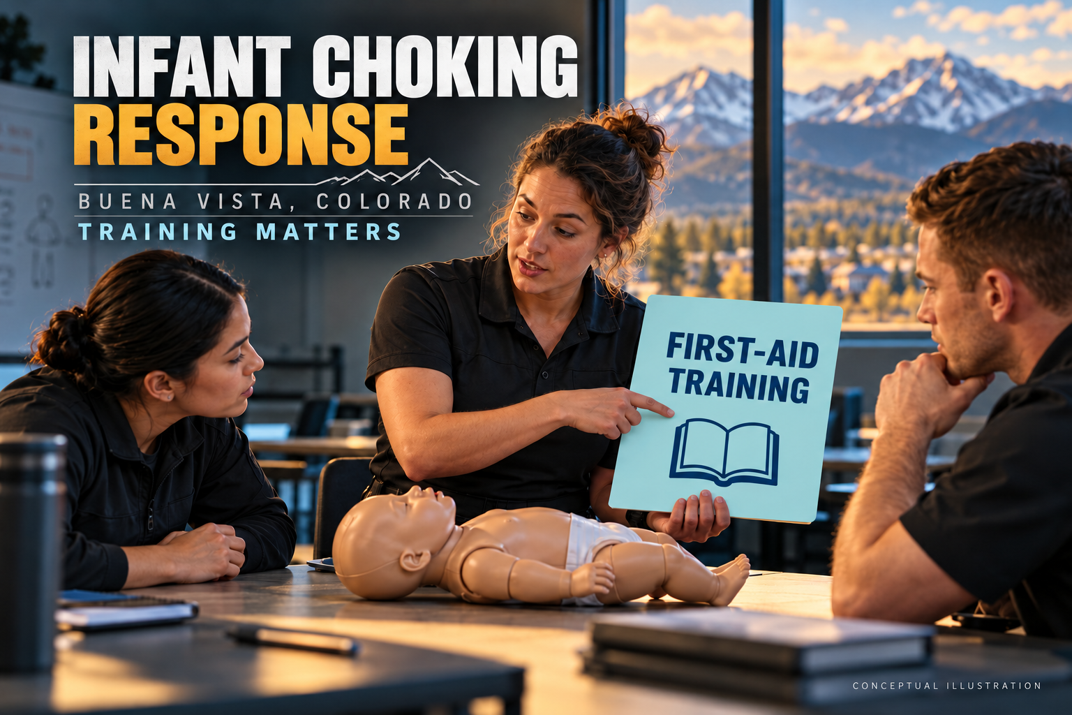 Conceptual 3D illustration of fictional emergency-service trainees discussing infant first-aid training, with a training manikin and Buena Vista headline.