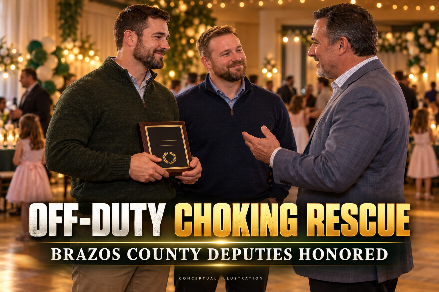 Conceptual 3D illustration of fictional adults discussing an award at a community event, with an off-duty choking rescue headline.
