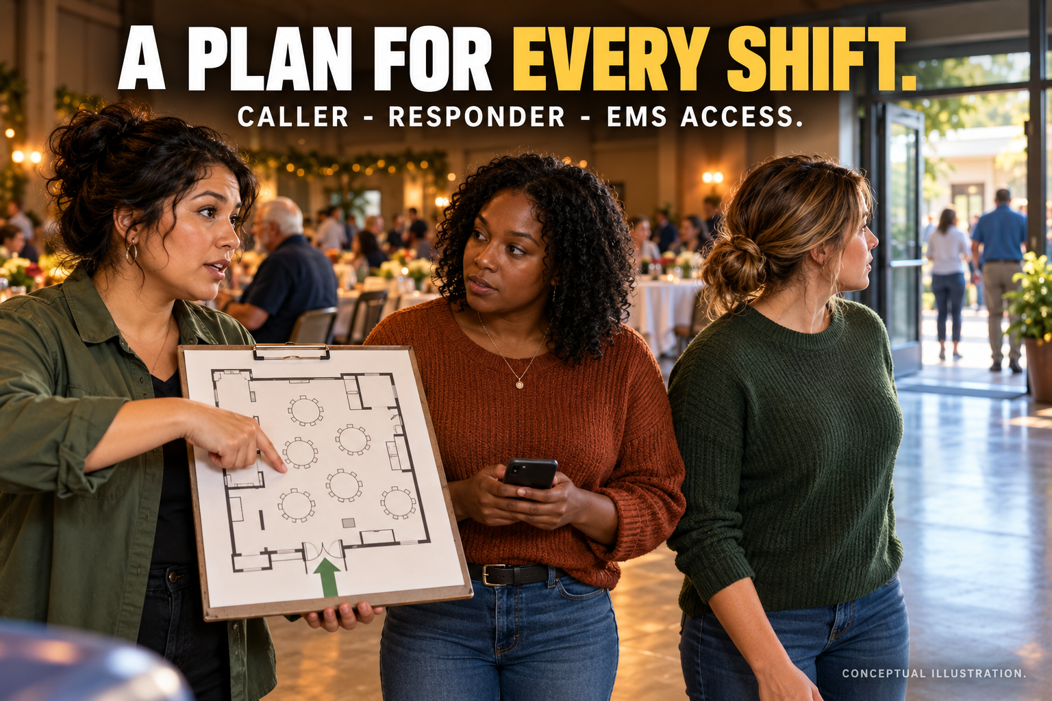 Conceptual 3D illustration of fictional event volunteers reviewing a venue plan, a phone and emergency access roles.