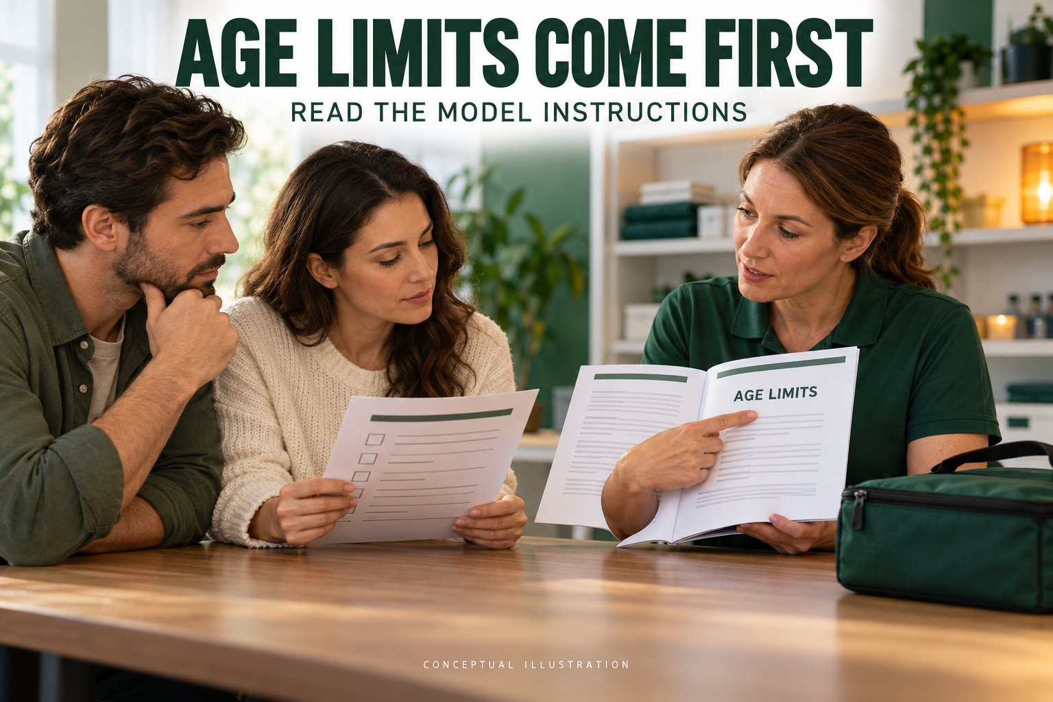 Conceptual 3D illustration of fictional adult caregivers reviewing age limits in a manual with an instructor.