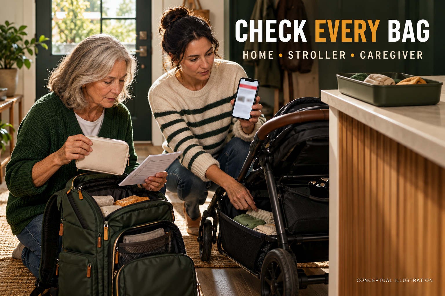 Conceptual 3D illustration of fictional adult caregivers checking a travel backpack and stroller storage after a toy recall.