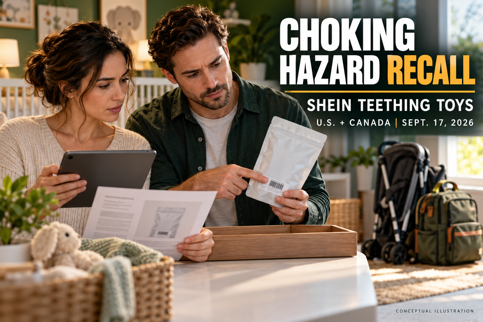 Conceptual 3D illustration of fictional parents comparing packaging and recall information, with a SHEIN teething-toy choking-hazard headline.