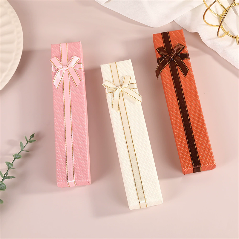 Lid & Base Long Jewelry Gift Paper Box With Bows Perfect For Necklace Moyi Packaging