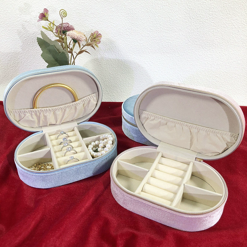 Moyi Oval Velvet Travel Jewelry Box Portable Zippered Organizer For Ring Earring & Bracelet