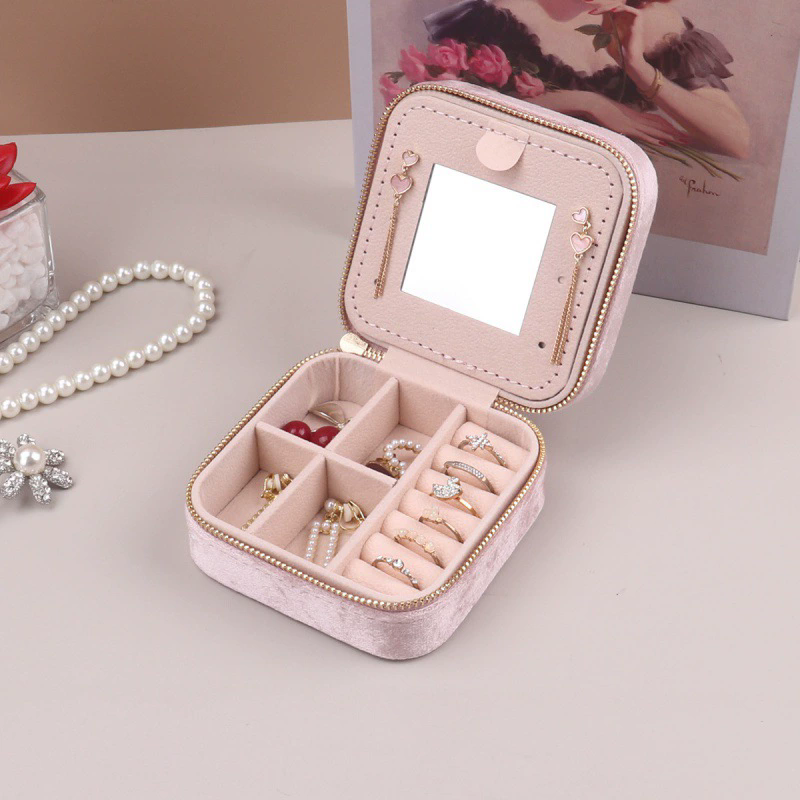 Moyi Mini Zipper Jewelry Box With Mirror Portable Jewelry Storage Organizer For Travel