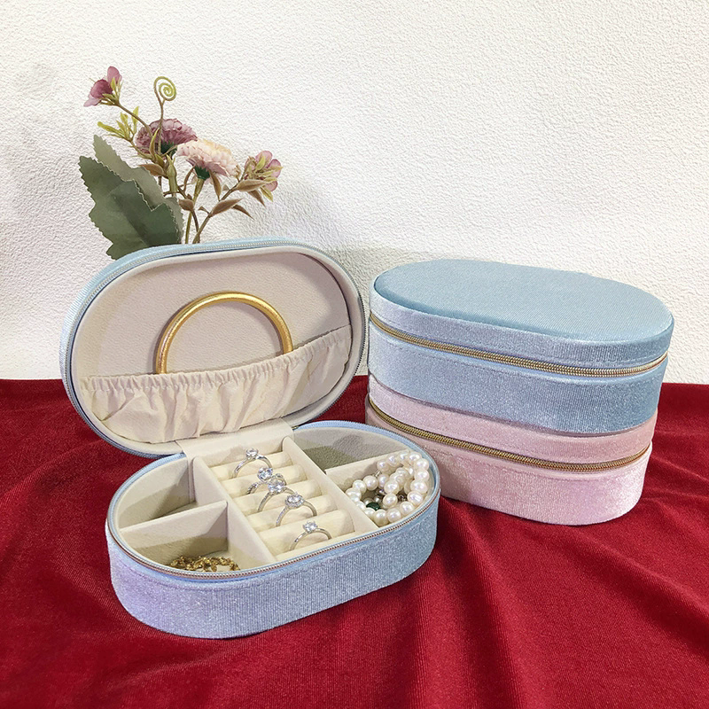 Moyi Oval Velvet Travel Jewelry Box Portable Zippered Organizer For Ring Earring & Bracelet