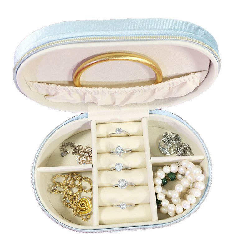 Moyi Oval Velvet Travel Jewelry Box Portable Zippered Organizer For Ring Earring & Bracelet