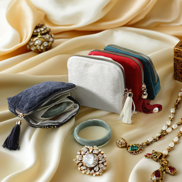 Moyi Tassel Zipper Velvet Jewelry Pouch Multi Function Storage Bag For Necklace & Travel