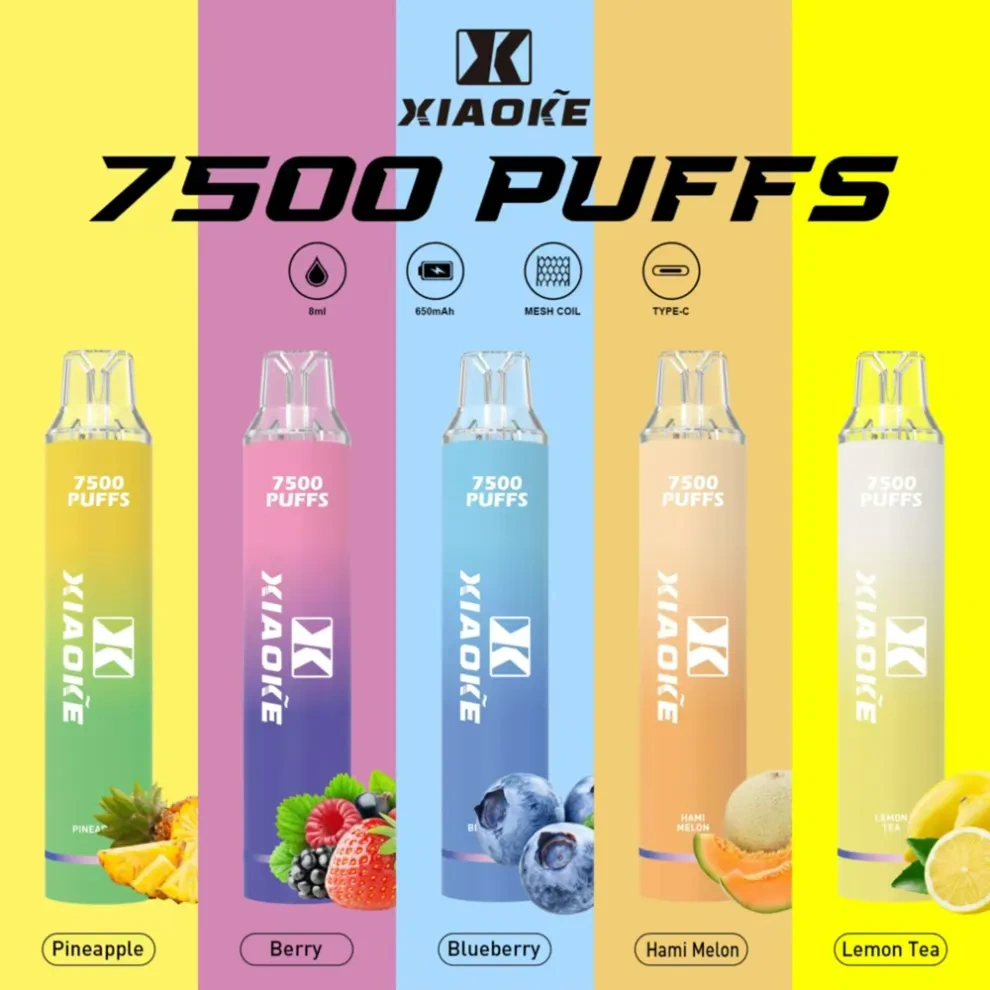 Xiaoke枭客7500口一次性抛弃式電子煙、新款上市25种口味吸入时亮彩色跑马灯