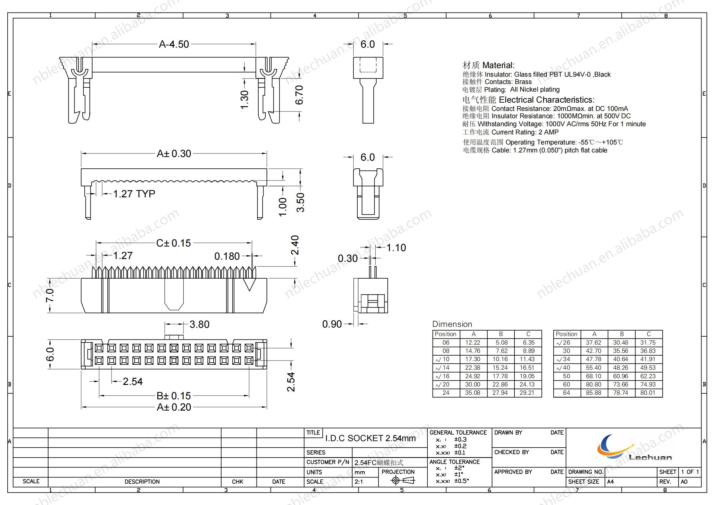 LECHUAN Factory Wholesale IDC Female Header Socket 2.54mm*1.27mm Pitch Copper Contact Nylon PCB Connector Flat Ribbon Cable