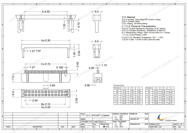 LECHUAN Factory Wholesale IDC Female Header Socket 2.54mm*1.27mm Pitch Copper Contact Nylon PCB Connector Flat Ribbon Cable