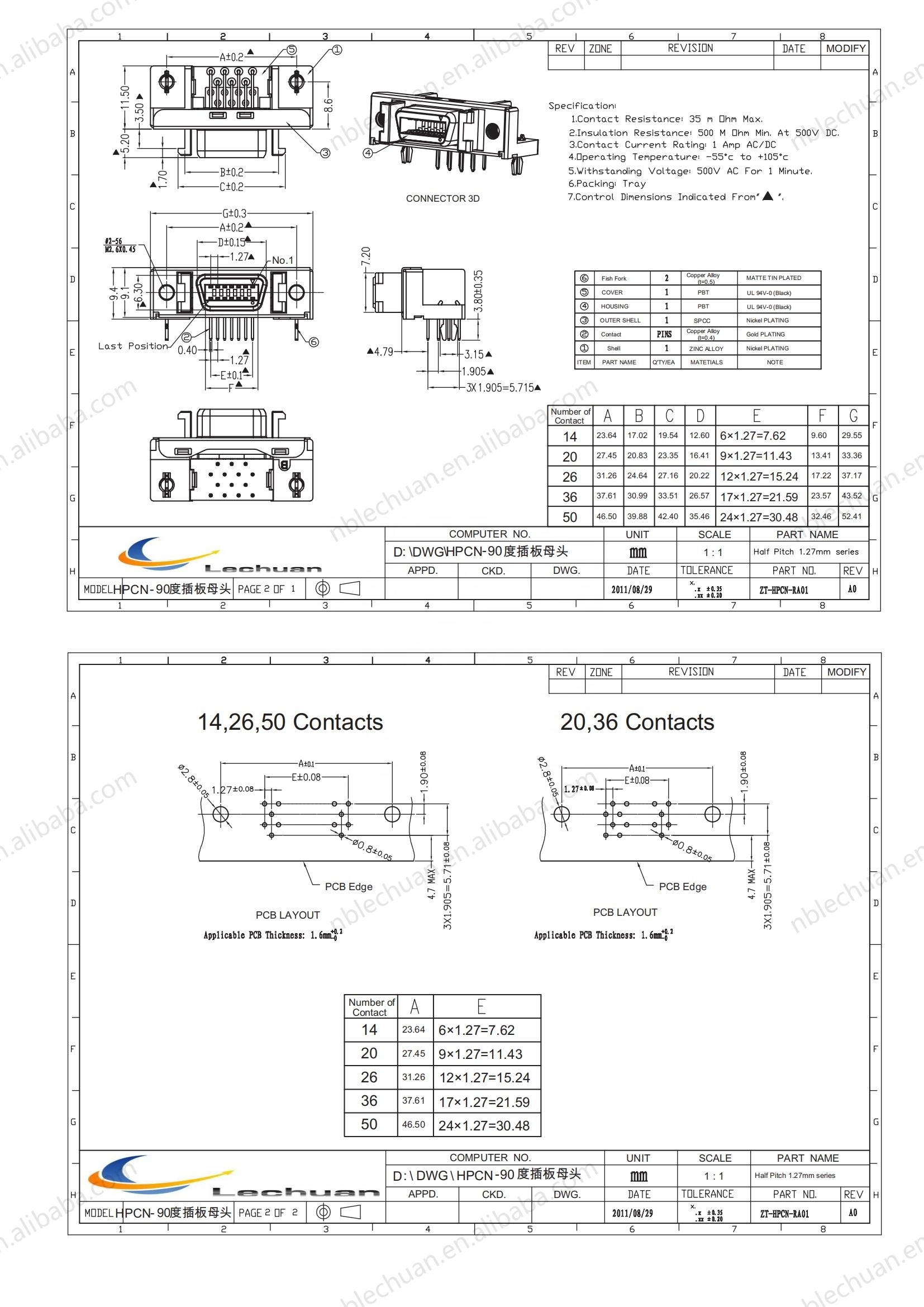 LECHUAN 14Pin SCSI MDR Female Connector D-Sub Micro-D Receptacle for PCB Mount 10214-52A2PL