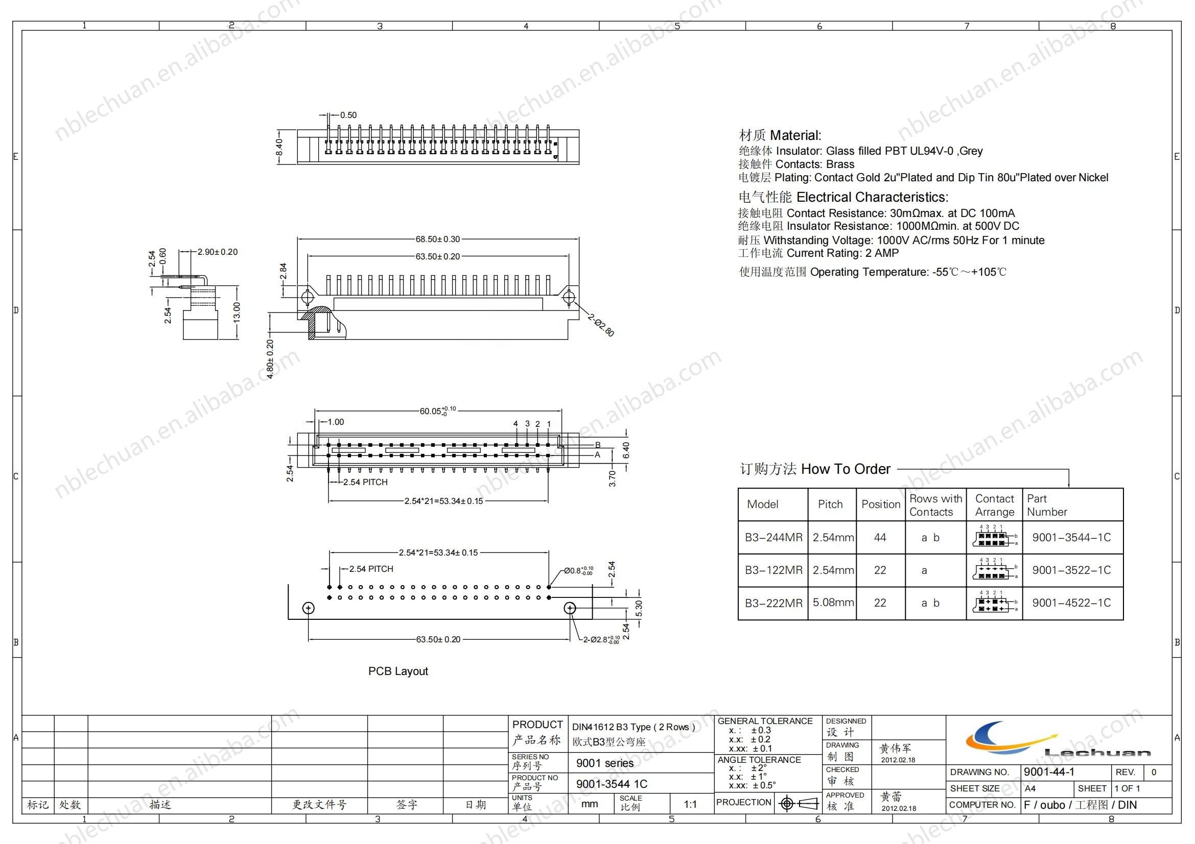 LECHUAN 44-Pin Eurocard Connector 2.54mm 5.08mm Pitch Right Angle Male Plug 9001-3544 1C00A PCB Socket 2 Rows Connectors