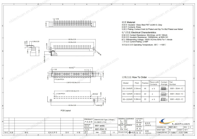 LECHUAN 44-Pin Eurocard Connector 2.54mm 5.08mm Pitch Right Angle Male Plug 9001-3544 1C00A PCB Socket 2 Rows Connectors