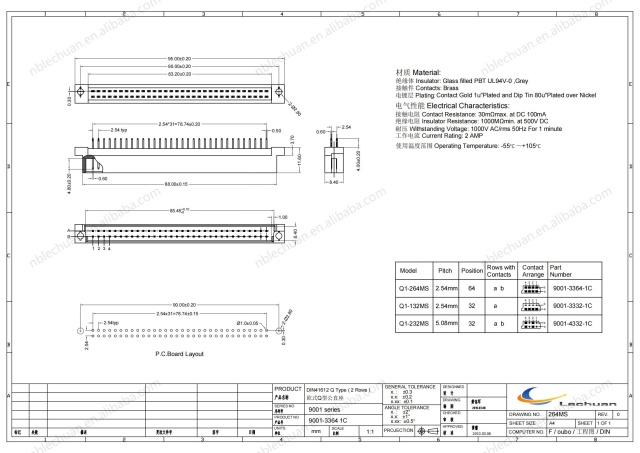 LECHUAN 64Pin 2-Row Eurocard Connector 2.54mm 5.08mm Pitch High Current Male Plug Straight 9001-3364W 1C00A PCB Socket Power